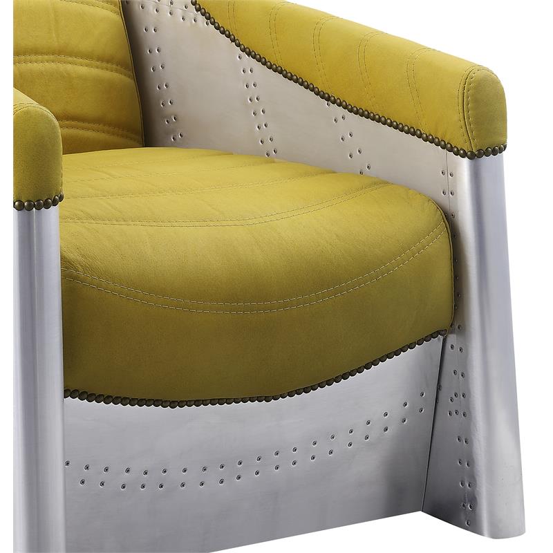 ACME Brancaster Top Grain Leather Upholstery Accent Chair in Yellow and Aluminum