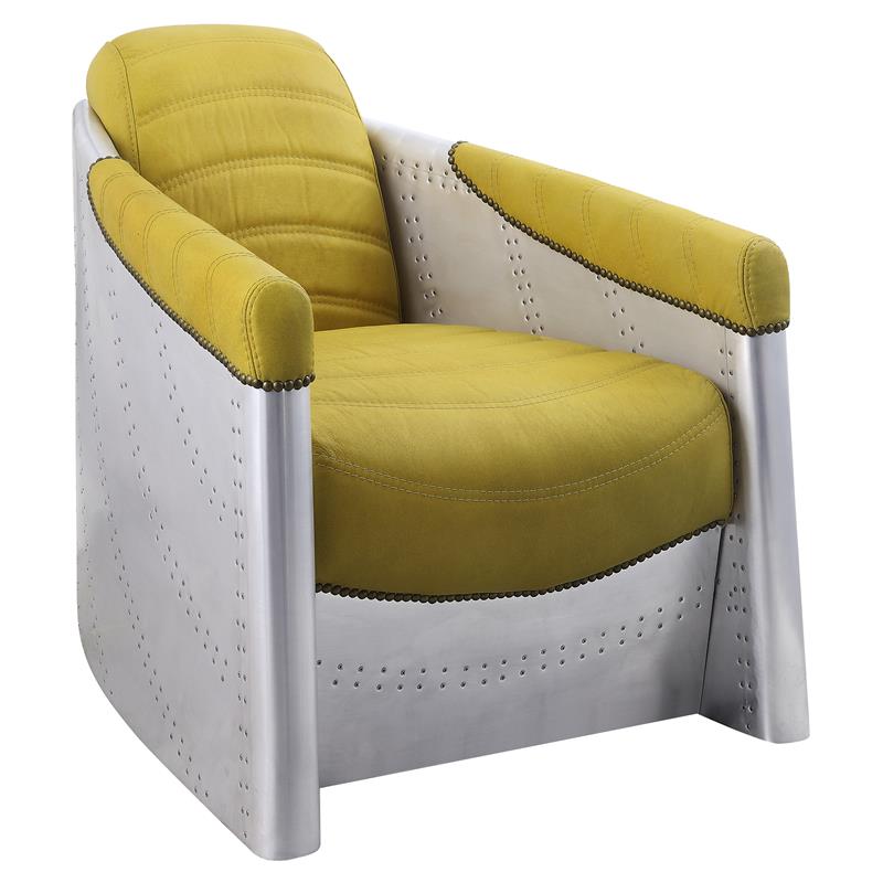 ACME Brancaster Top Grain Leather Upholstery Accent Chair in Yellow and Aluminum