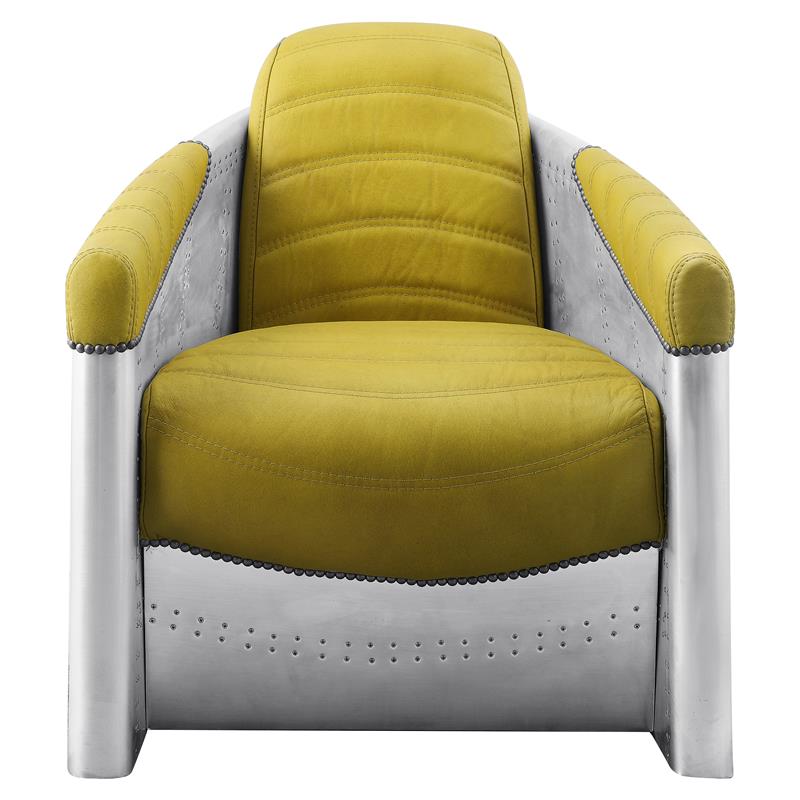 ACME Brancaster Top Grain Leather Upholstery Accent Chair in Yellow and Aluminum