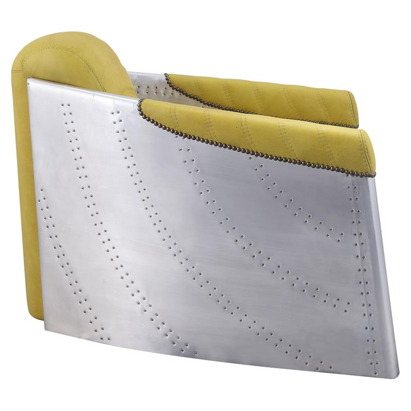 ACME Brancaster Top Grain Leather Upholstery Accent Chair in Yellow and Aluminum