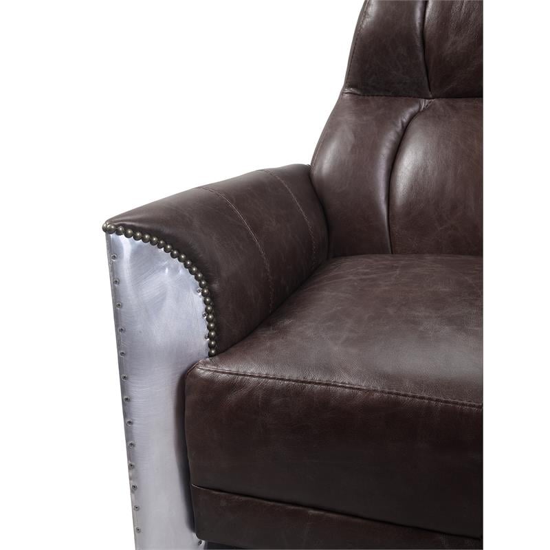 ACME Brancaster Tufted Accent Chair in Espresso Top Grain Leather and Aluminum