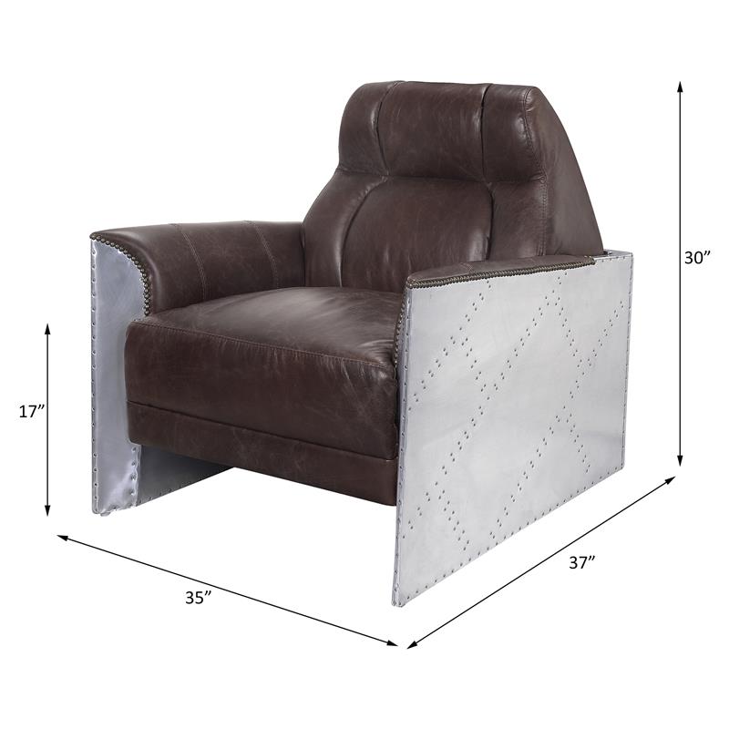 ACME Brancaster Tufted Accent Chair in Espresso Top Grain Leather and Aluminum