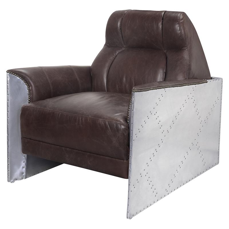 ACME Brancaster Tufted Accent Chair in Espresso Top Grain Leather and Aluminum