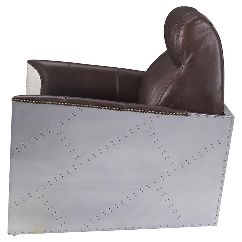 ACME Brancaster Tufted Accent Chair in Espresso Top Grain Leather and Aluminum