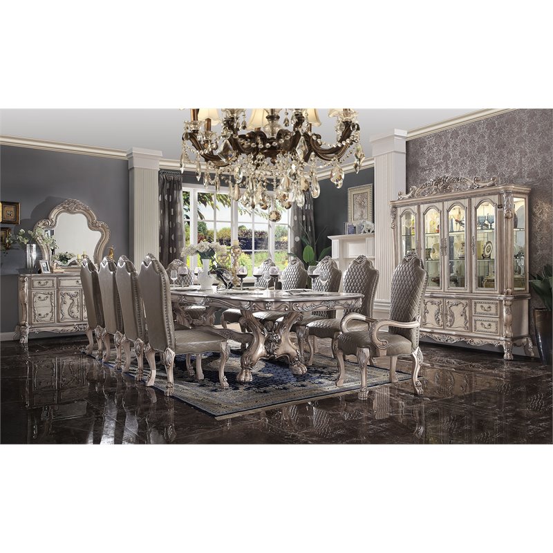 ACME Dresden Faux Leather Upholstered Arm Chair in Vintage Bone White Set of 2