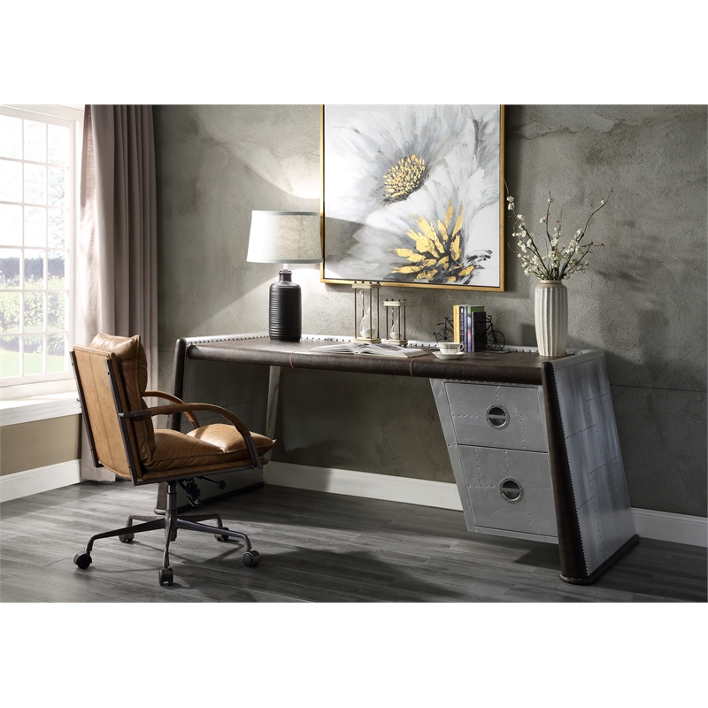 Brancaster Desk in Distress Chocolate Top Grain Leather and Aluminum