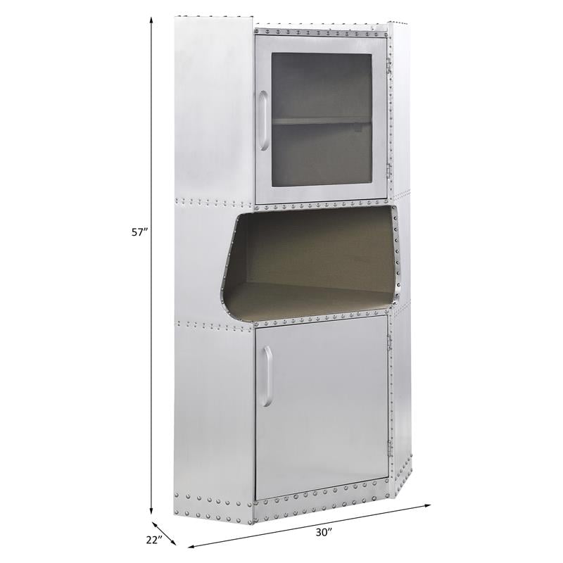 ACME Brancaster 2-Door Storage Corner Cabinet with Open Compartment in Aluminum