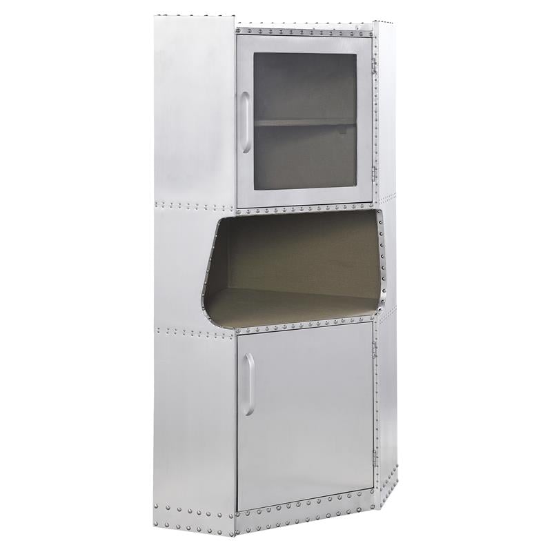 ACME Brancaster 2-Door Storage Corner Cabinet with Open Compartment in Aluminum