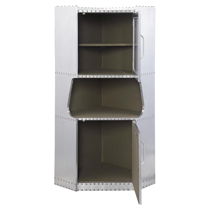 ACME Brancaster 2-Door Storage Corner Cabinet with Open Compartment in Aluminum