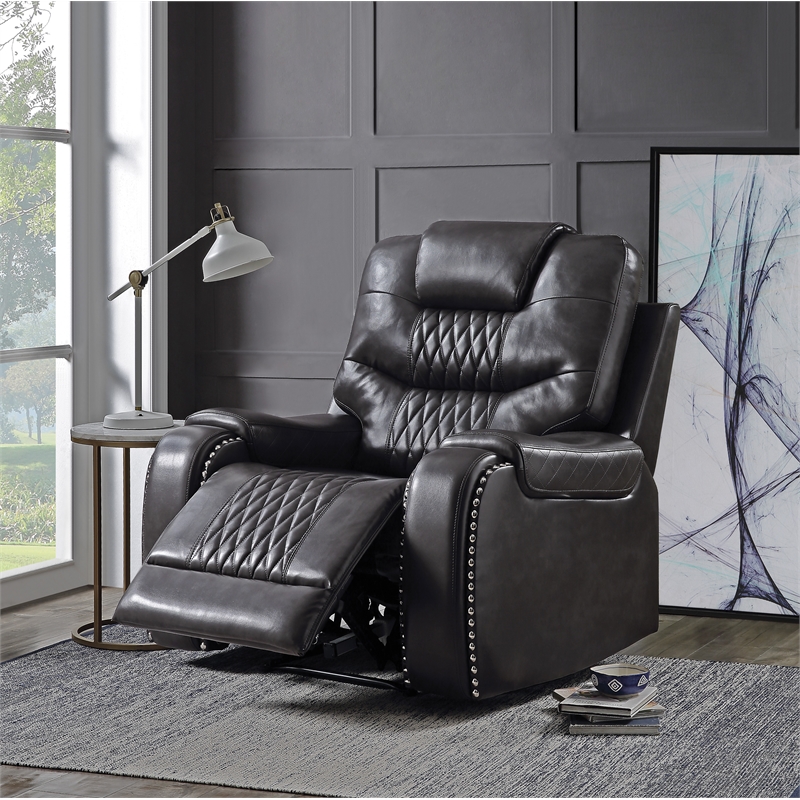 ACME Braylon Faux Leather Tufted Power Motion Recliner in Magnetite Dary Grey