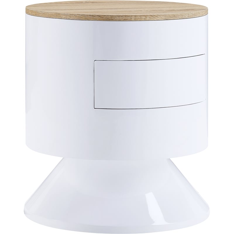 ACME Otith Round Wooden Accent Table with Drawer in White High Gloss and Natural