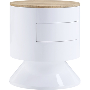 acme otith round wooden accent table with drawer in white high gloss and natural