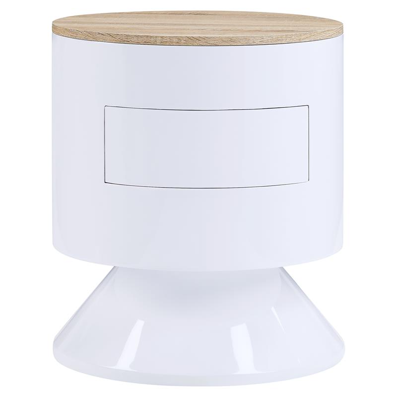 ACME Otith Round Wooden Accent Table with Drawer in White High Gloss and Natural