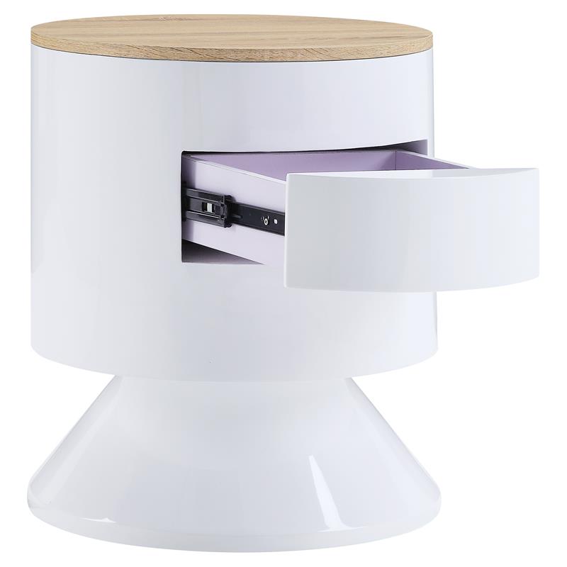 ACME Otith Round Wooden Accent Table with Drawer in White High Gloss and Natural