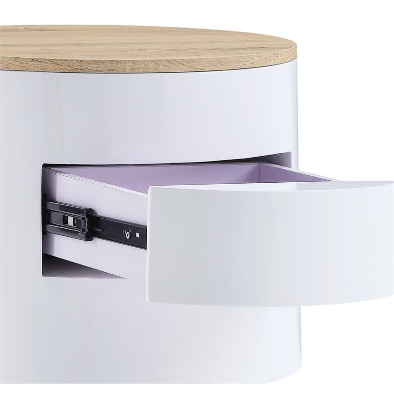 ACME Otith Round Wooden Accent Table with Drawer in White High Gloss and Natural