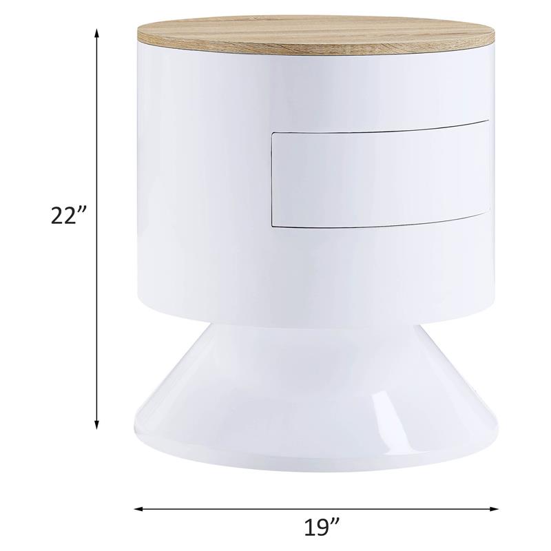 ACME Otith Round Wooden Accent Table with Drawer in White High Gloss and Natural