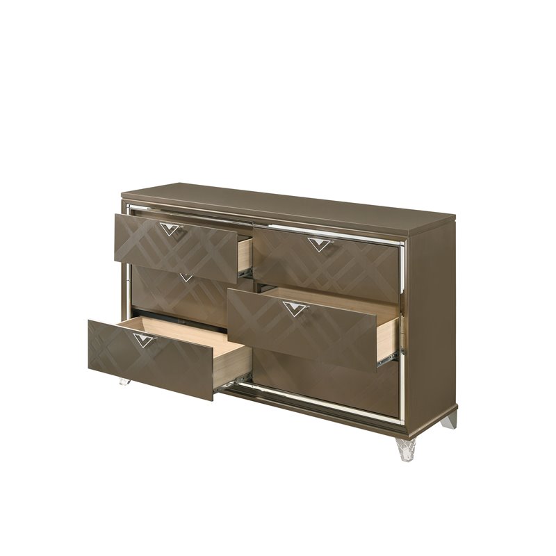 ACME Skylar 6-Drawers Wood Bedroom Dresser with Acrylic Legs in Dark Champagne