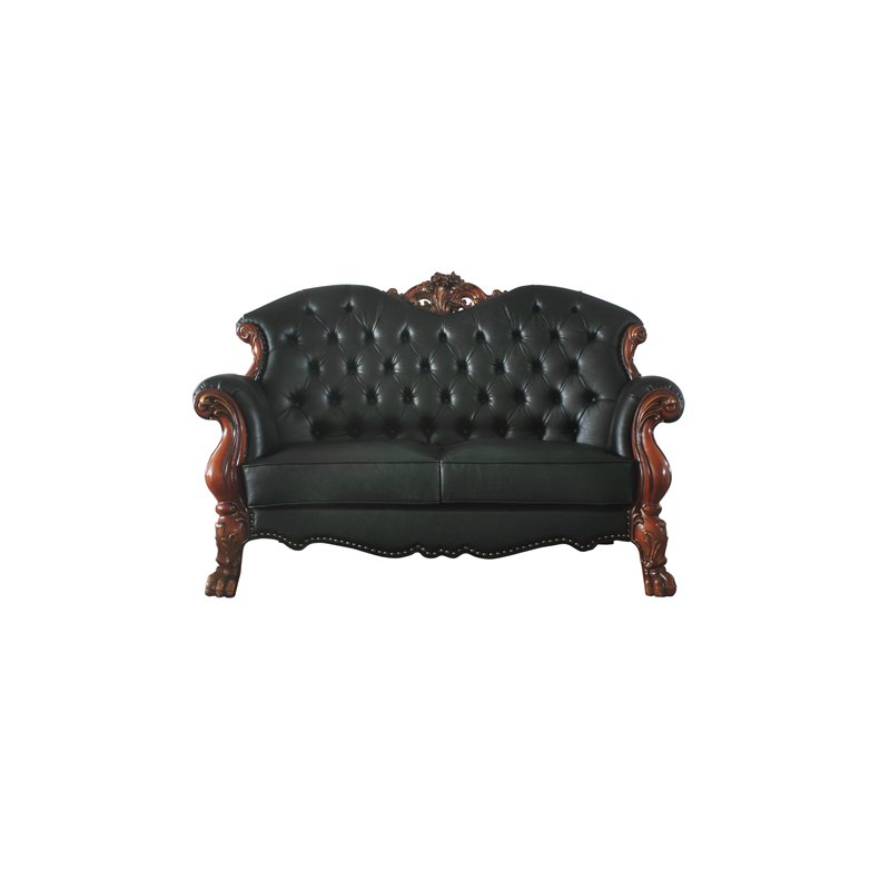ACME Dresden Faux Leather Tufted Loveseat with 3 Pillows in Black And Cherry Oak