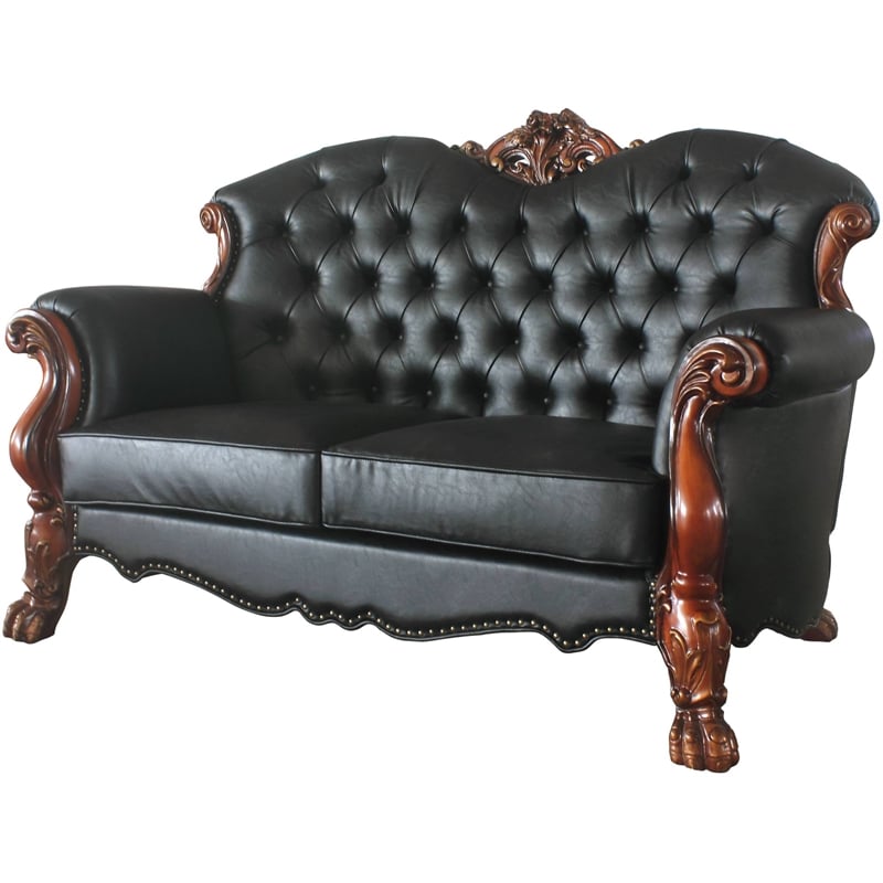 ACME Dresden Faux Leather Tufted Loveseat with 3 Pillows in Black And Cherry Oak