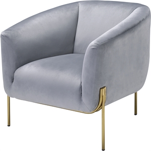acme carlson velvet upholstered barrel backrest accent chair in gray and gold