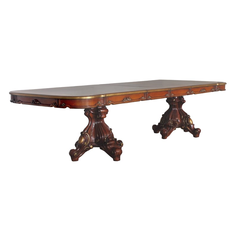 ACME Picardy Double Pedestal Dining Table with Removable Leaf in Honey Oak Wood