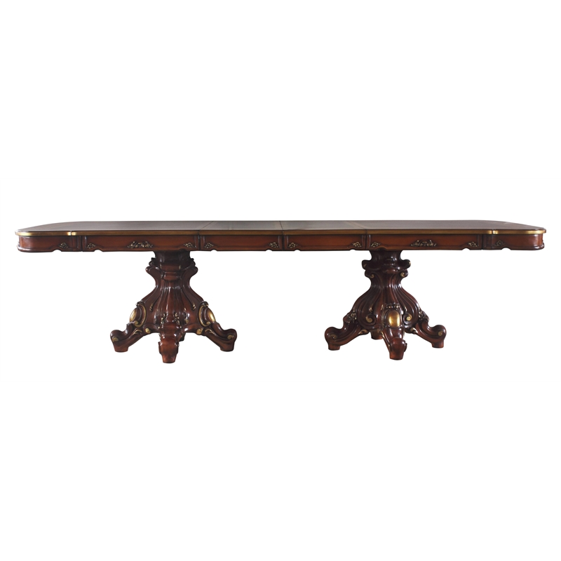 ACME Picardy Double Pedestal Dining Table with Removable Leaf in Honey Oak Wood