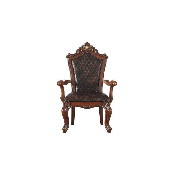 ACME Picardy Wooden Tufted Upholstered Arm Chair Set of 2 in Cherry Oak