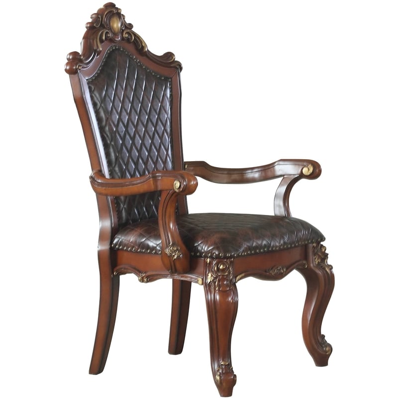 ACME Picardy Wooden Tufted Upholstered Arm Chair Set of 2 in Cherry Oak