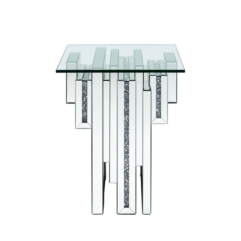 ACME Noralie Square Glass Top End Table in Mirrored and Faux Diamonds