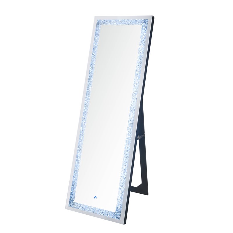 ACME Noralie Wooden Frame Floor Mirror in Mirrored and Faux Diamonds