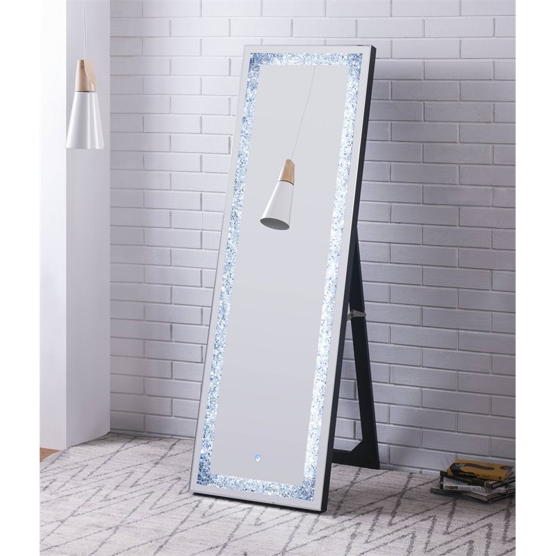 ACME Noralie Wooden Frame Floor Mirror in Mirrored and Faux Diamonds