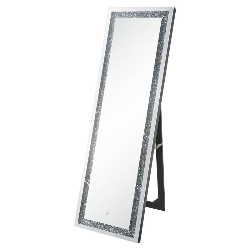 ACME Noralie Wooden Frame Floor Mirror in Mirrored and Faux Diamonds