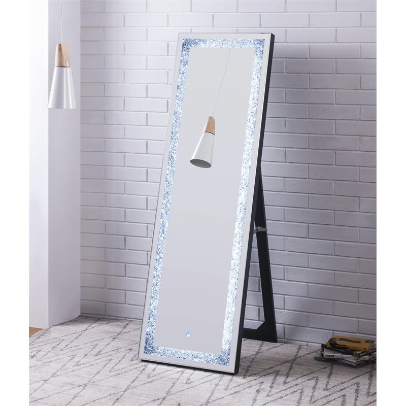 ACME Noralie Wooden Frame Floor Mirror in Mirrored and Faux Diamonds