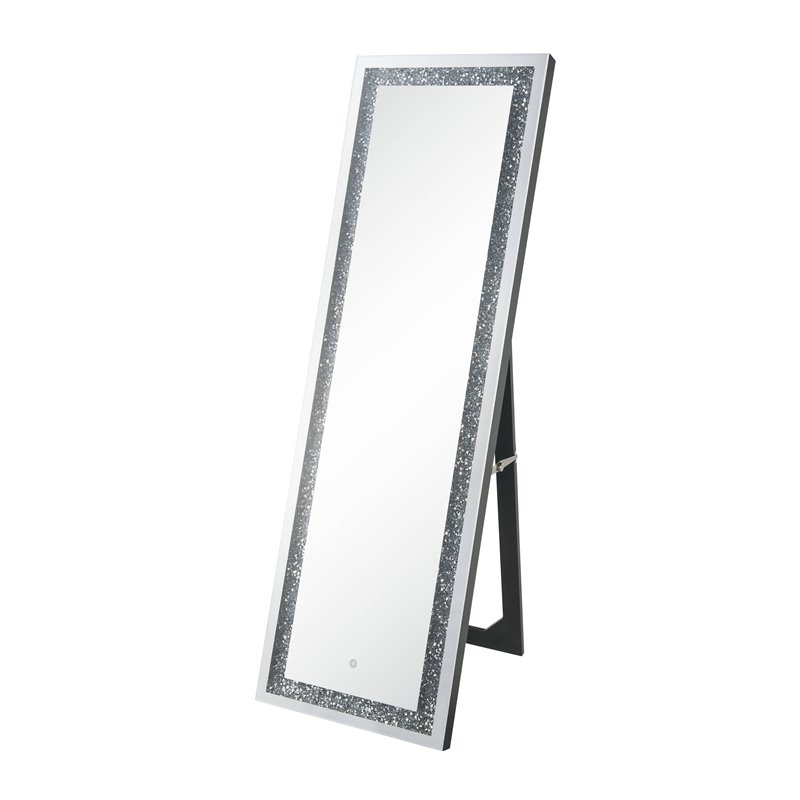 ACME Noralie Wooden Frame Floor Mirror in Mirrored and Faux Diamonds