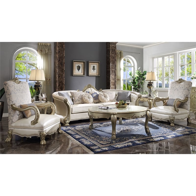 ACME Dresden II Faux Leather Tufted Rolled Arm Sofa with 7 Pillows in Pearl