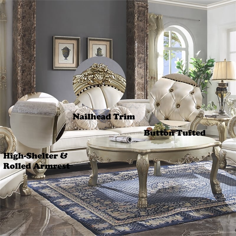 ACME Dresden II Faux Leather Tufted Rolled Arm Sofa with 7 Pillows in Pearl