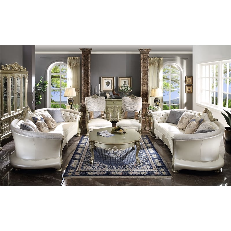 ACME Dresden II Faux Leather Tufted Rolled Arm Sofa with 7 Pillows in Pearl