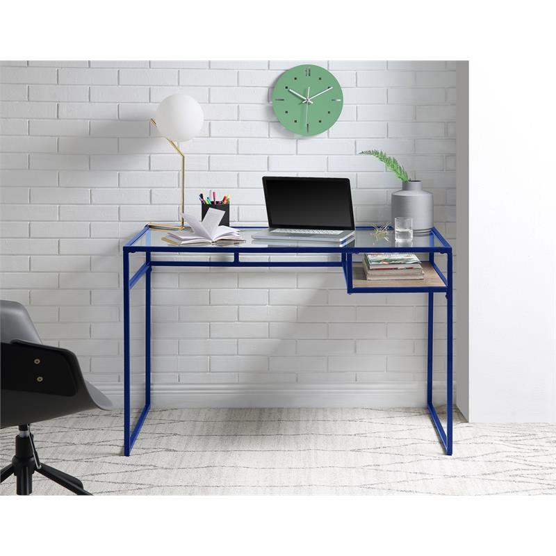 ACME Yasin Glass Rectangle Top 1-Shelf Writing Desk in Blue and Clear