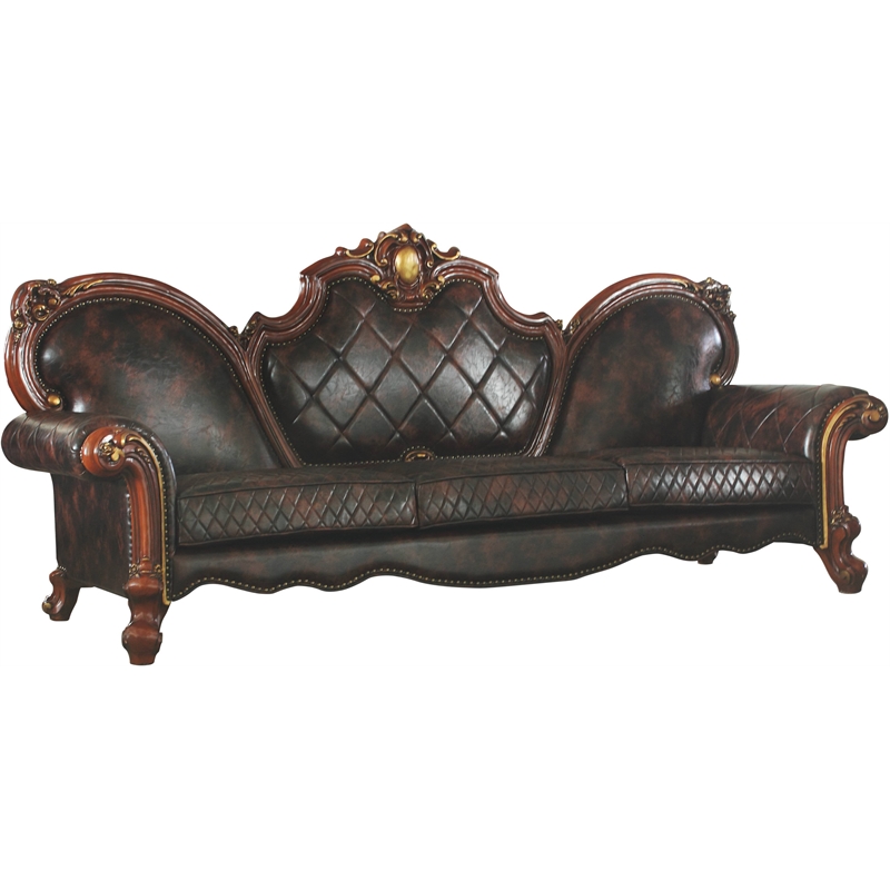 ACME Picardy Faux Leather Upholstered Sofa with 5 Pillows in Vintage Cherry Oak