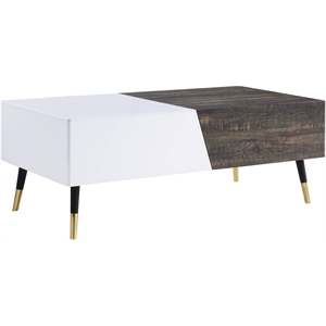 acme orion coffee table in white high gloss and rustic oak