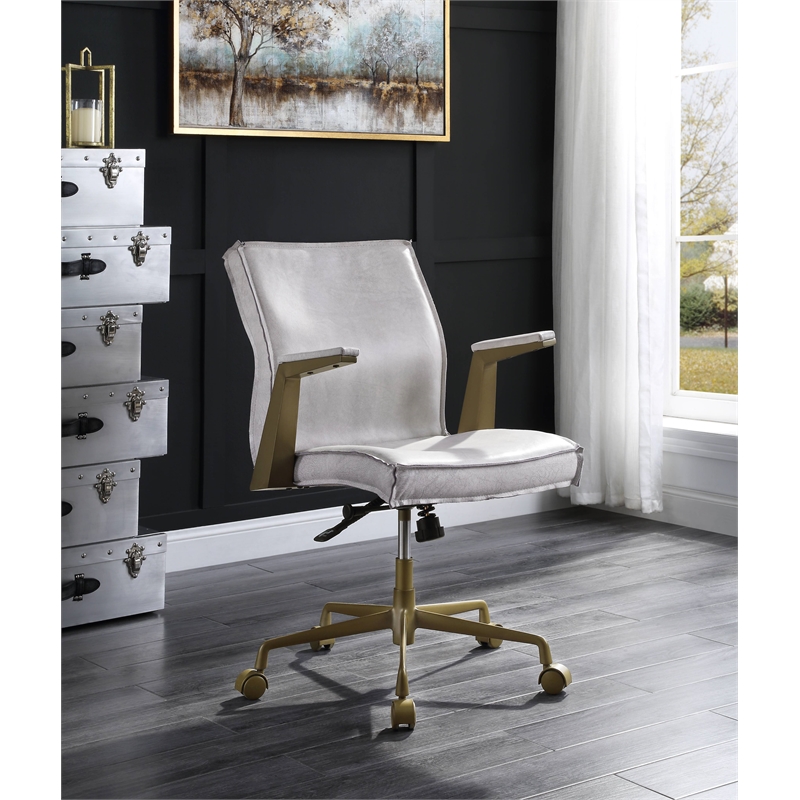 ACME Attica  Top Grain Leather Swivel Executive Office Chair in Vintage White