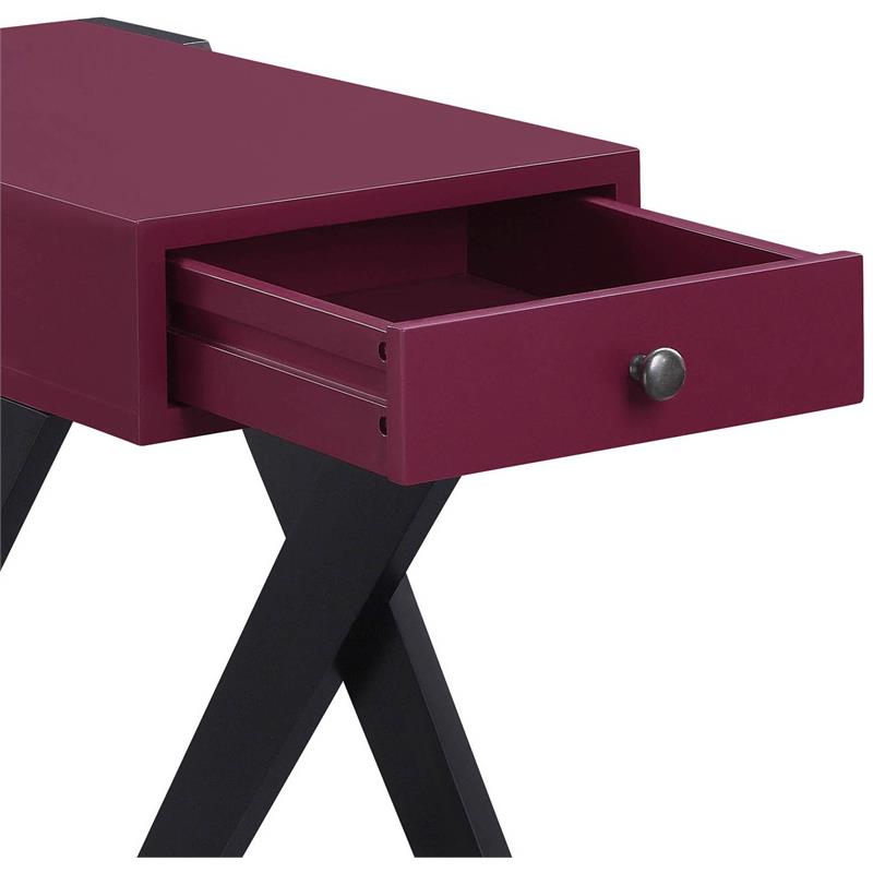 acme fierce wooden side table with usb charging dock in burgundy and black