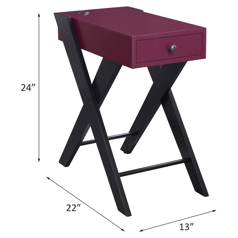 acme fierce wooden side table with usb charging dock in burgundy and black