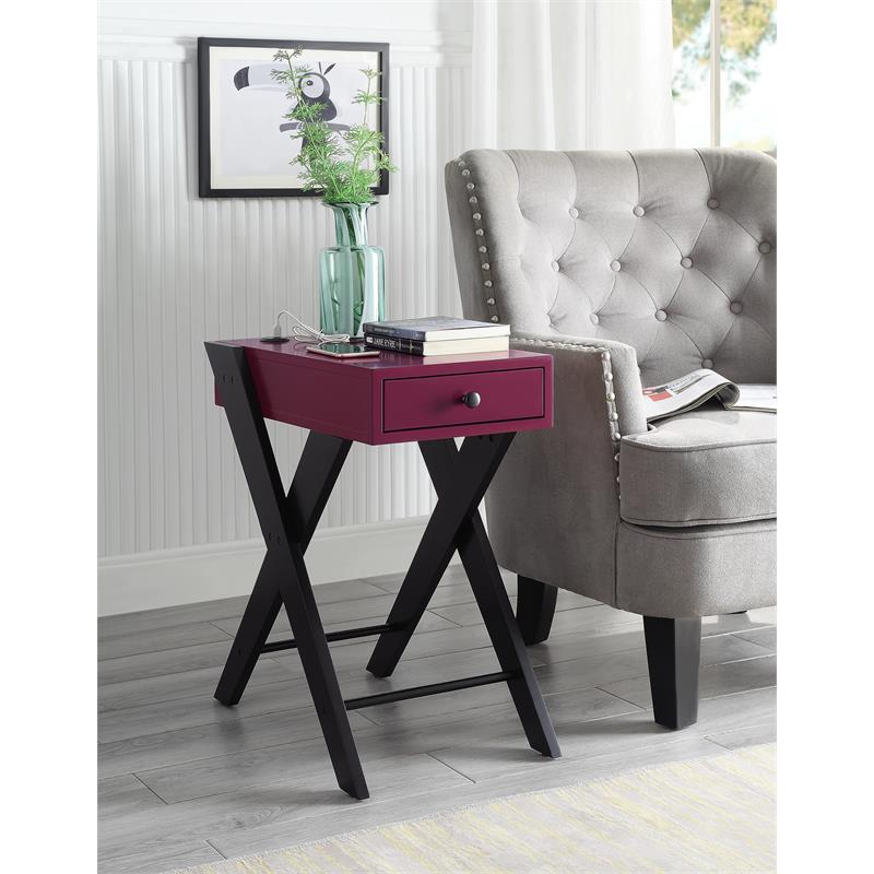 acme fierce wooden side table with usb charging dock in burgundy and black