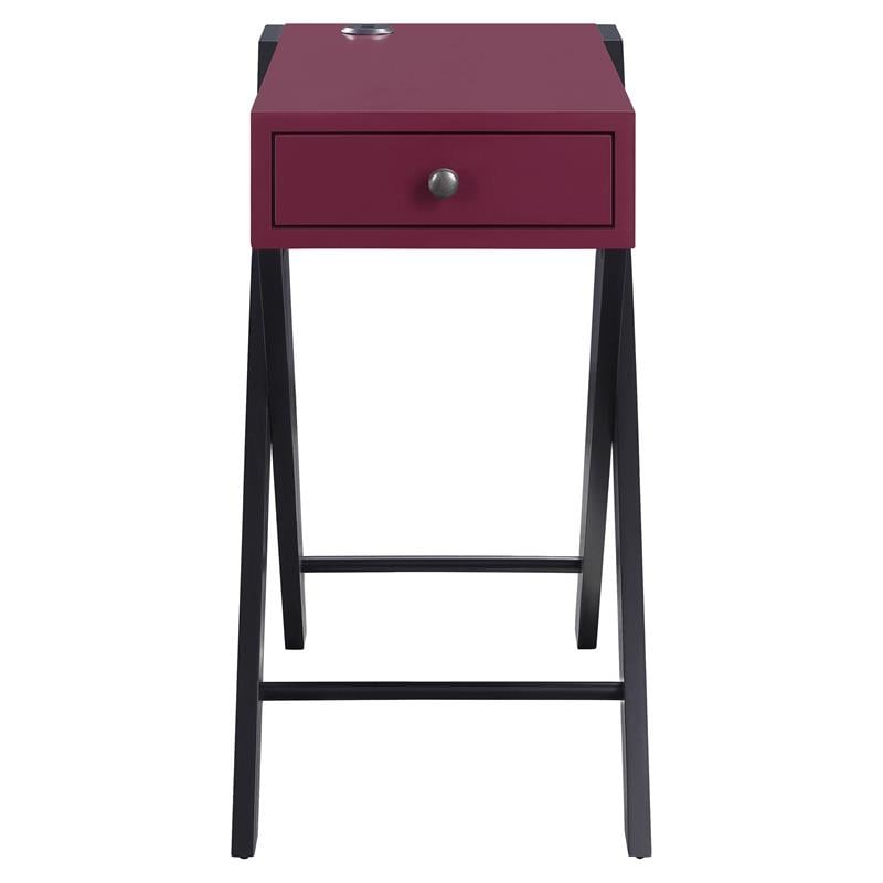 acme fierce wooden side table with usb charging dock in burgundy and black