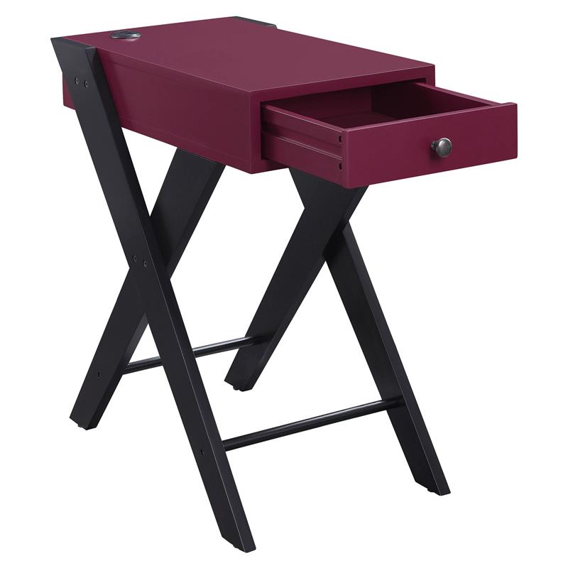 acme fierce wooden side table with usb charging dock in burgundy and black