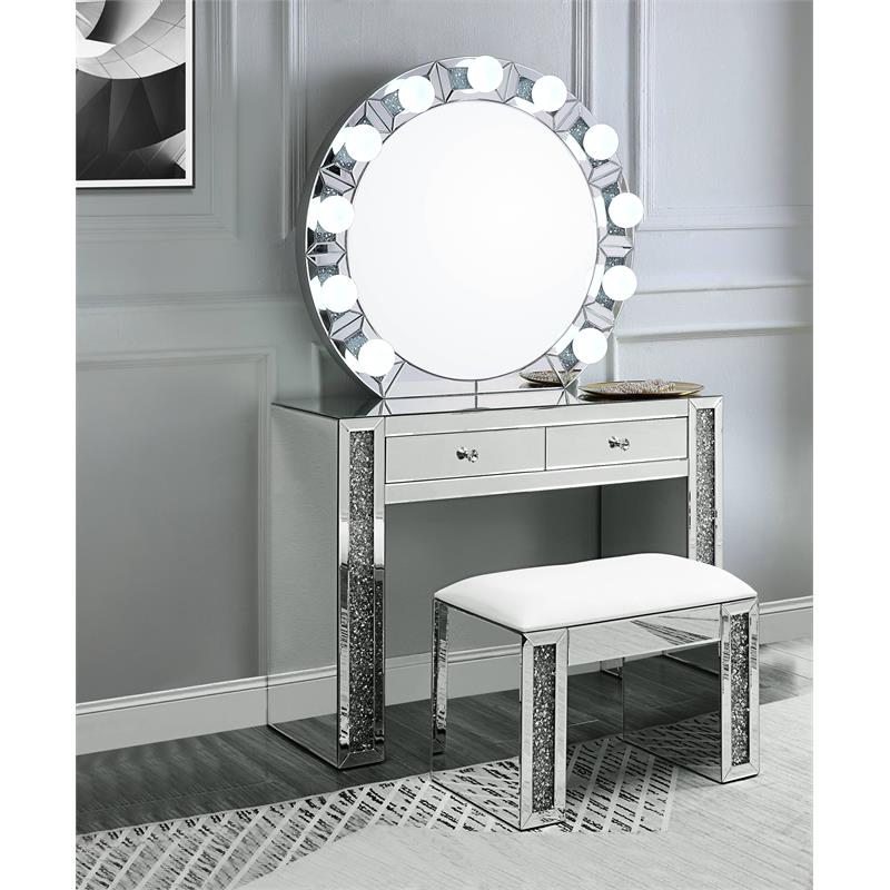ACME Noralie Glass Wall Round Decor Mirror in Mirrored and Faux Diamonds