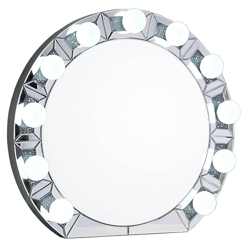 ACME Noralie Glass Wall Round Decor Mirror in Mirrored and Faux Diamonds