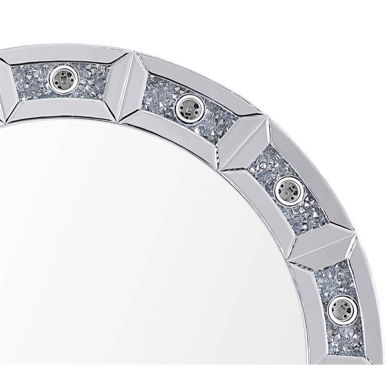 ACME Noralie Glass Wall Round Decor Mirror in Mirrored and Faux Diamonds