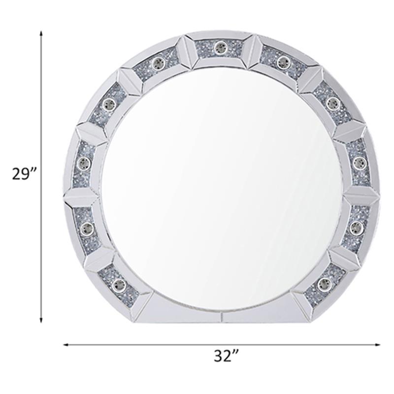 ACME Noralie Glass Wall Round Decor Mirror in Mirrored and Faux Diamonds
